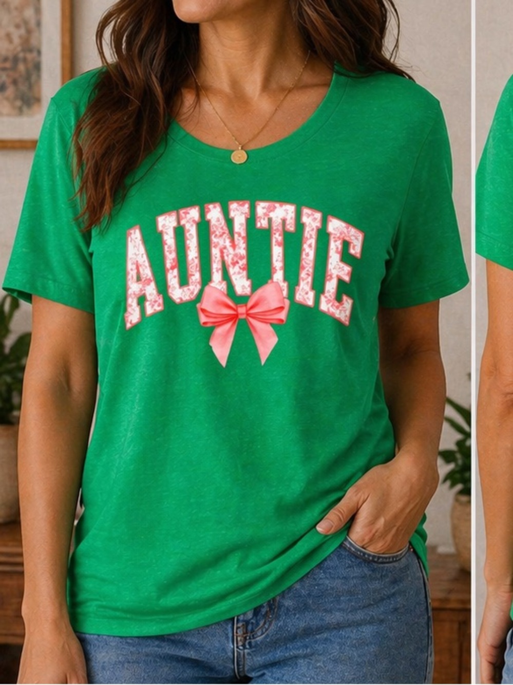 Gildan Green "AUNTIE" Short Sleeve Tee with Pink Bow
